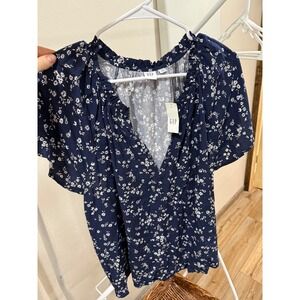 GAP Navy Blue Floral Cottagecore XXL Short Sleeve Ruffle shirt